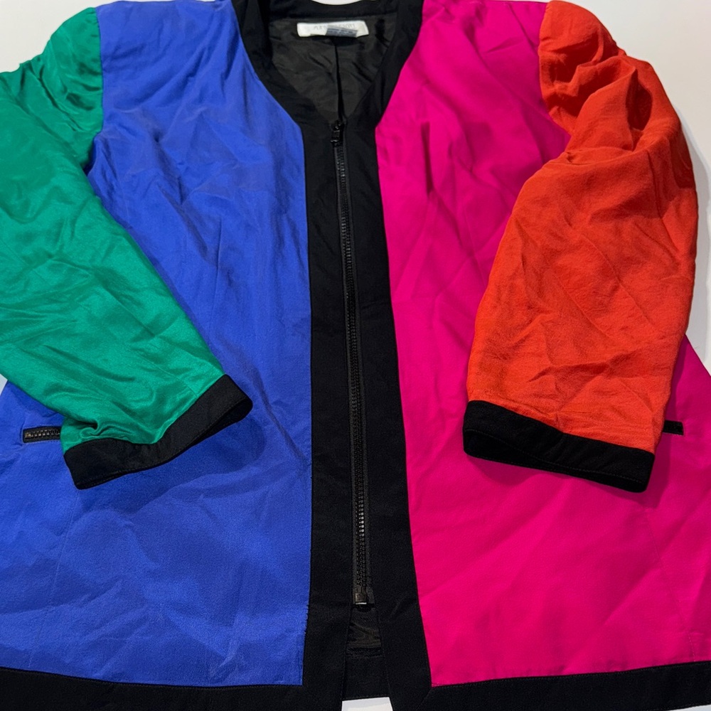 Vintage Sunny Leigh Elegant Multicolor 100% Silk Jacket w/ Shoulder Pads
